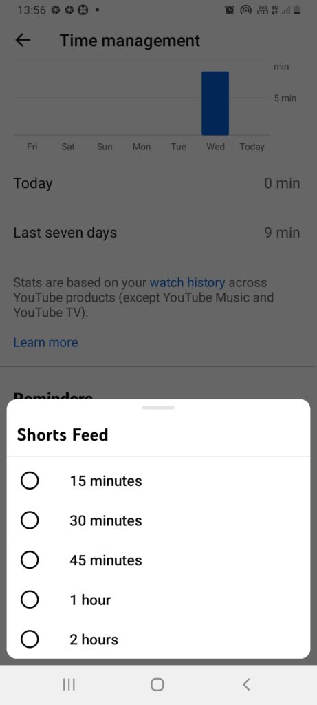 youtube shorts feed time limit